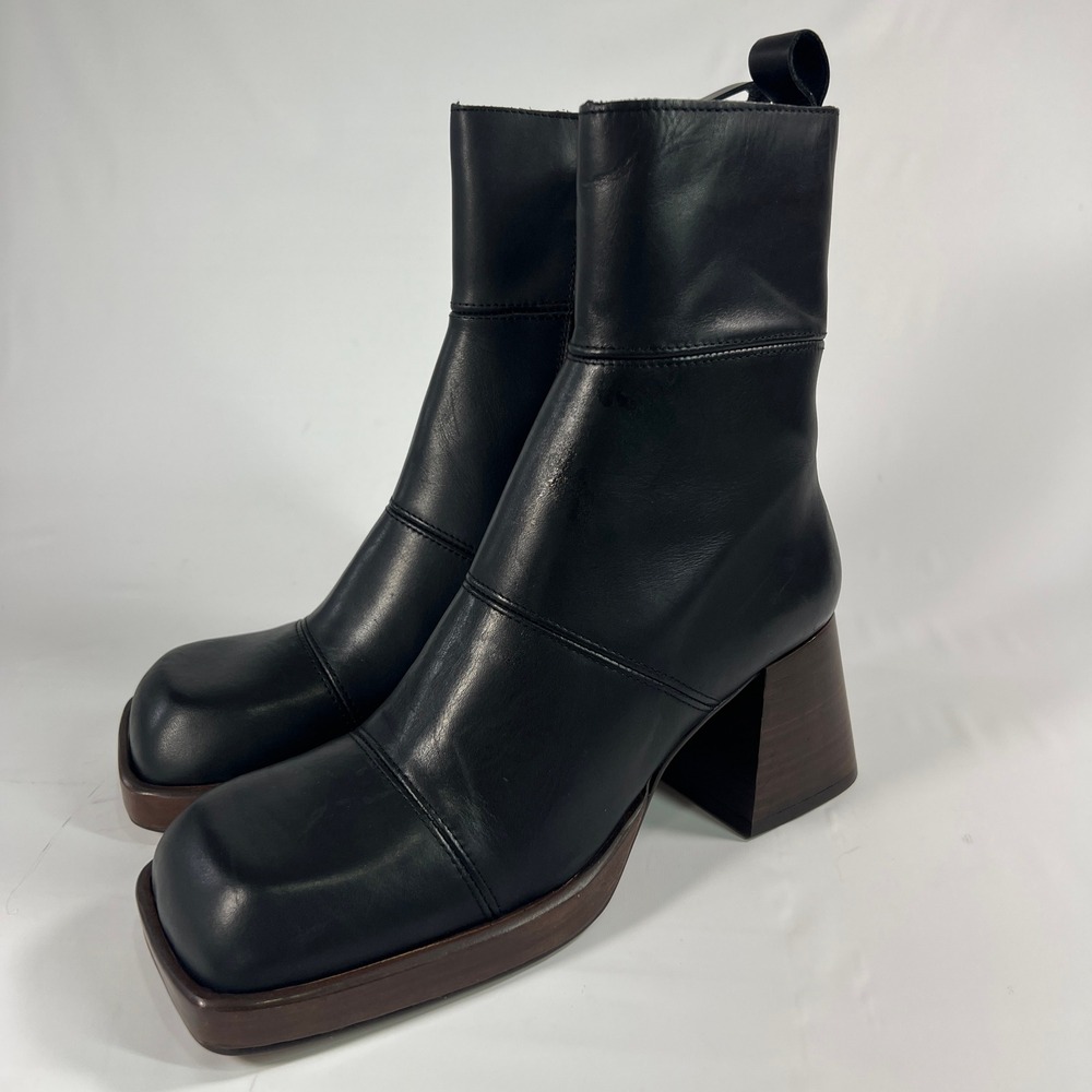 ASOS DESIGN Rhodes Premium Leather Platform Boots Black Square Toe Chunky Heel 6 - Picture 4 of 11